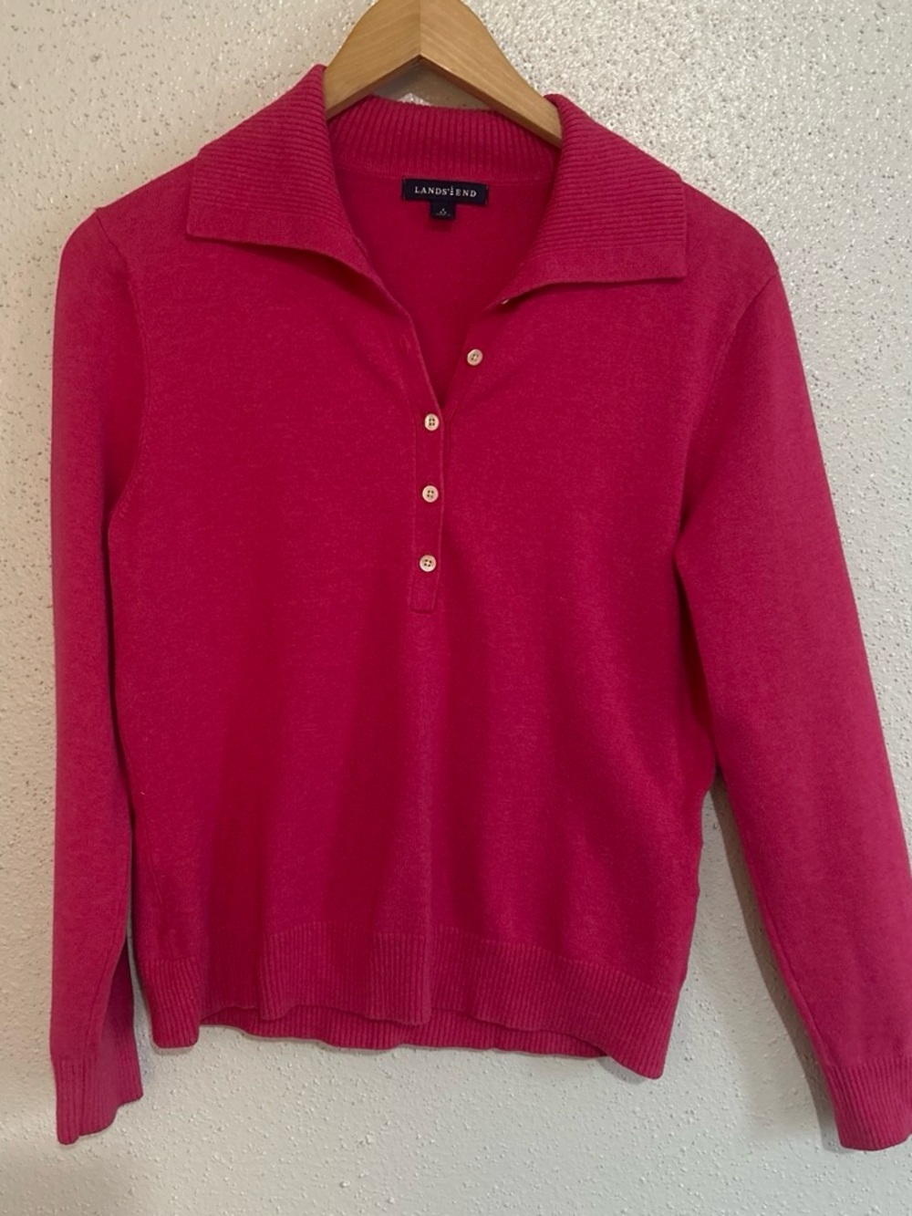 Lands' End Women's V-Neck Button Polo Sweater - Hot Pink